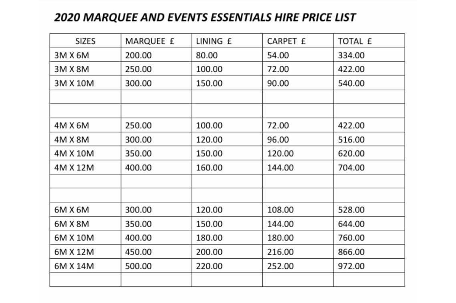 Marquee Price List